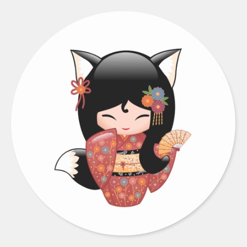 Kitsune Kokeshi Doll _ Black Fox Girl Classic Round Sticker