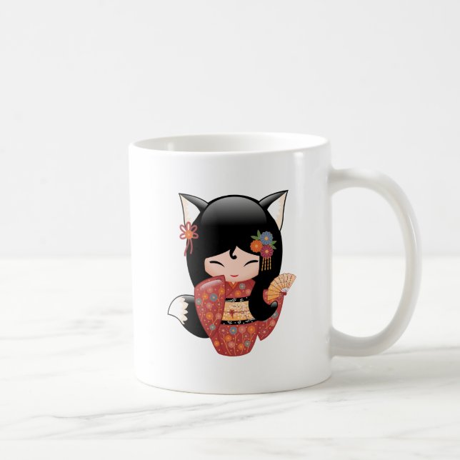 Kitsune Kokeshi Doll - Black Fox Girl Coffee Mug (Right)