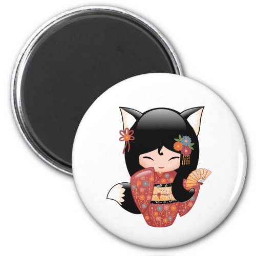 Kitsune Kokeshi Doll _ Black Fox Girl Magnet