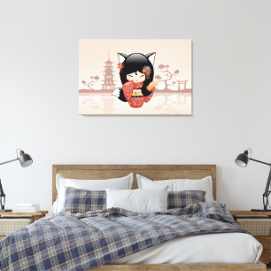 Kitsune Kokeshi Doll - Cute Black Fox Girl Canvas Print