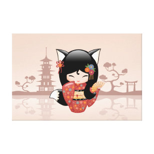 Kitsune Kokeshi Doll - Cute Black Fox Girl Canvas Print