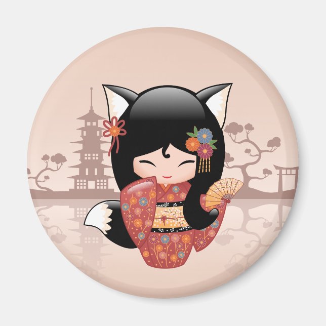 Kitsune Kokeshi Doll - Cute Black Fox Girl Magnet (Front)