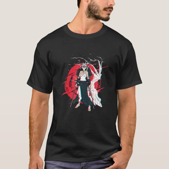 Kitsune Mask Japanese Sword Katana Fox Samurai Gir T-Shirt (Front)