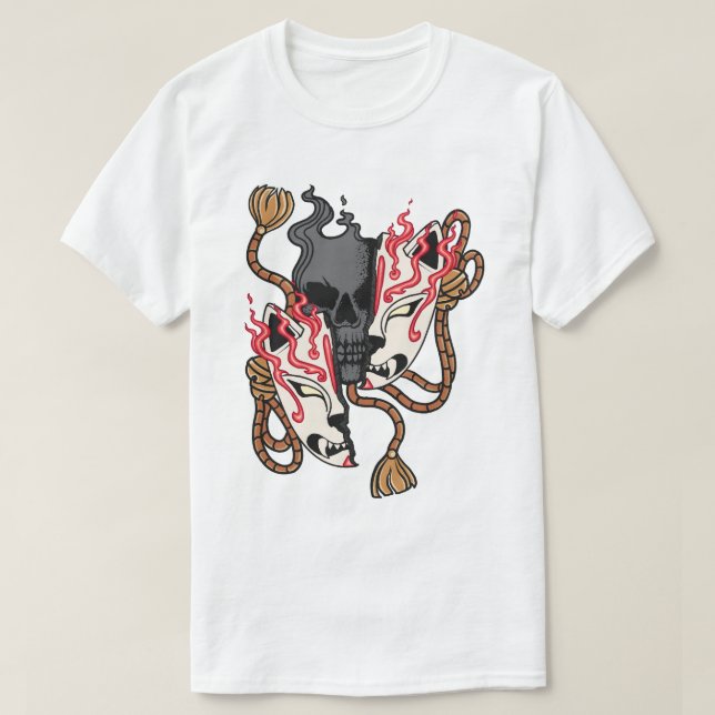 Kitsune Mask Skull Split T-Shirt (Design Front)