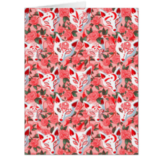 Kitsune masks and blooming camellia on pin postcar