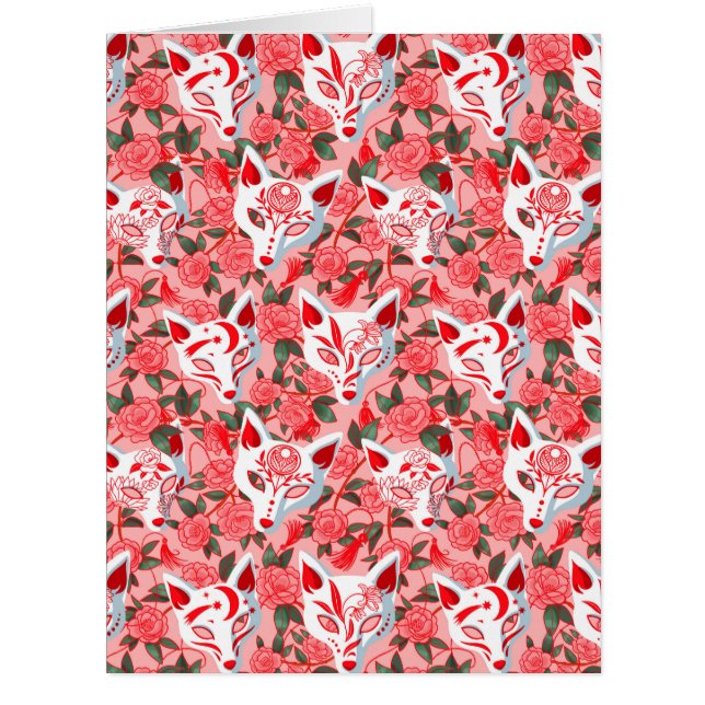 Kitsune masks and blooming camellia on pin postcar (Front)