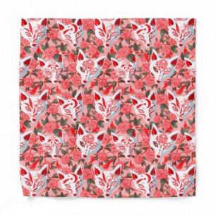 Kitsune masks and blooming camellia on pink bandana