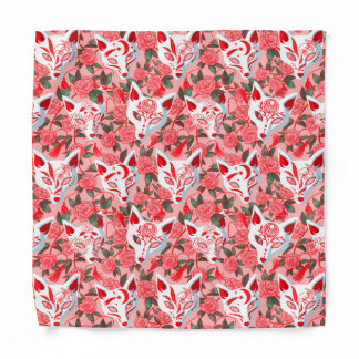 Kitsune masks and blooming camellia on pink bandana