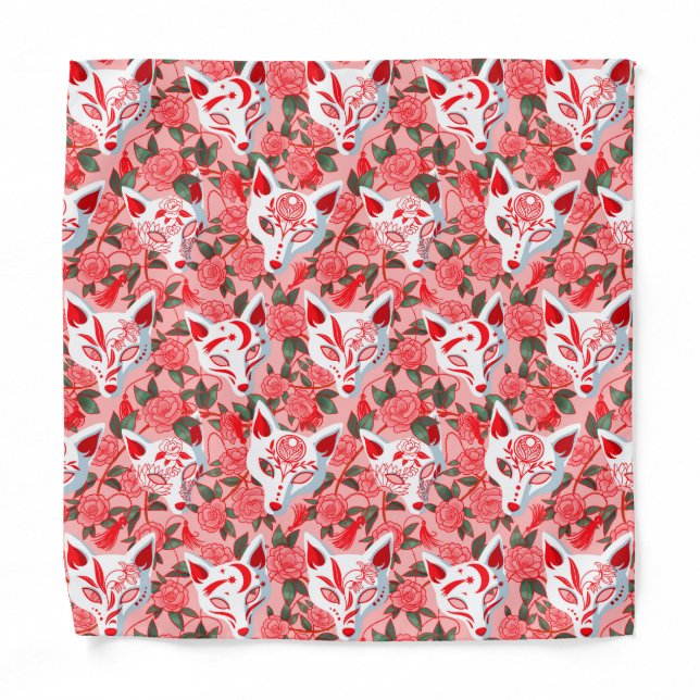 Kitsune masks and blooming camellia on pink bandana (Front)