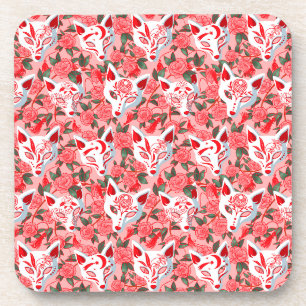 Kitsune masks and blooming camellia on pink beverage coaster