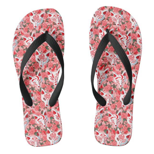 Kitsune masks and blooming camellia on pink flip flops (Footbed)