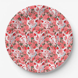 Kitsune masks and blooming camellia on pink paper plates