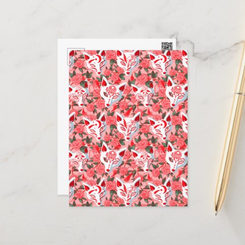 Kitsune masks and blooming camellia on pink postcard