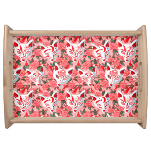 Kitsune masks and blooming camellia on pink serving tray