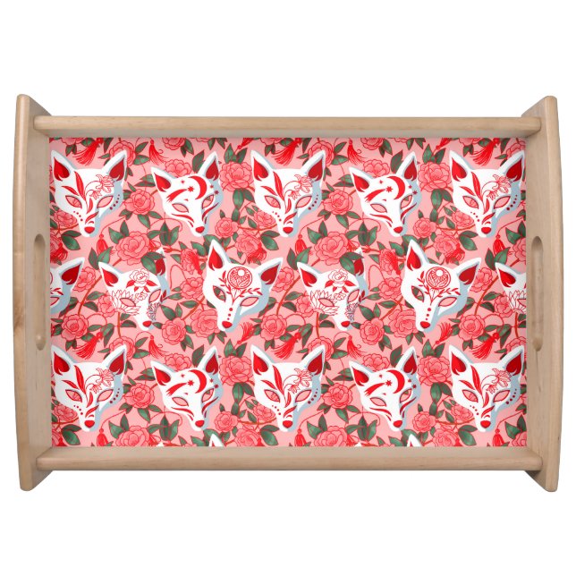 Kitsune masks and blooming camellia on pink serving tray (Front)