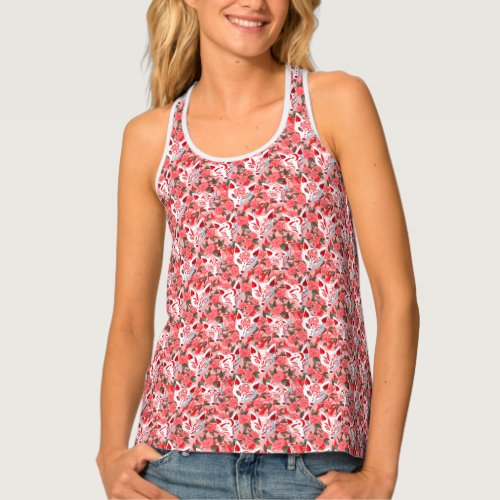 Kitsune masks and blooming camellia on pink tank top