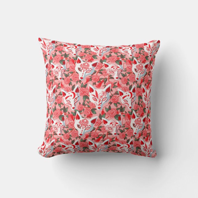 Kitsune masks and blooming camellia on pink throw pillow (Front)
