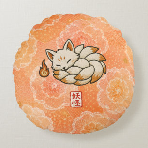 Kitsune Round Throw Pillow Japanese Nine Tailed