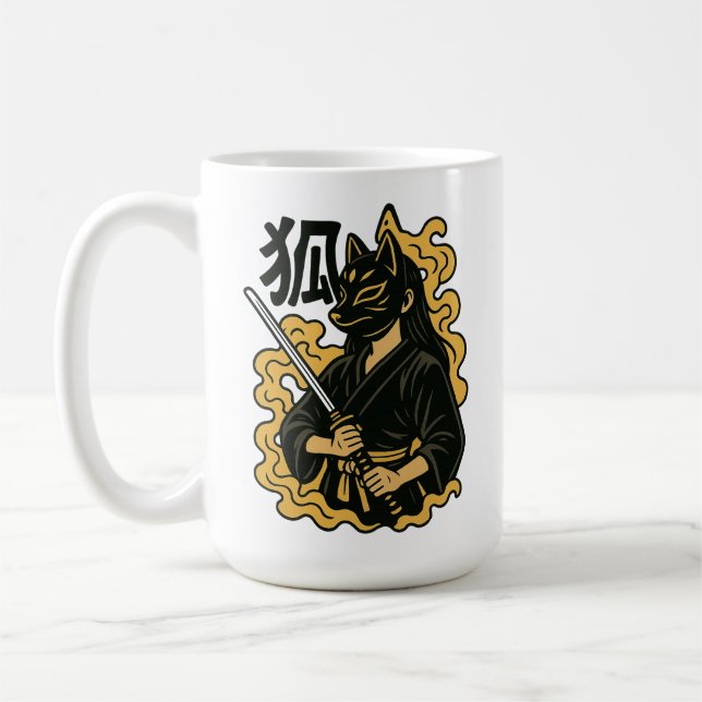 Kitsune Samurai Warrior – Japanese Fox Mask Art Coffee Mug (Left)