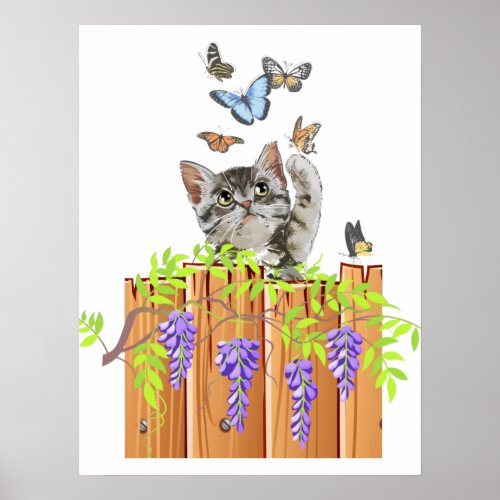 Kitten and Butterflies Wisteria Flowers Poster