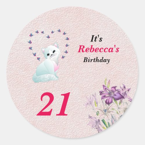 Kitten and Butterfly Birthday Party Classic Round Sticker