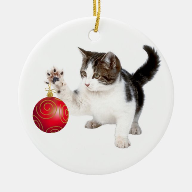 Kitten and Christmas ball Ceramic Ornament (Front)