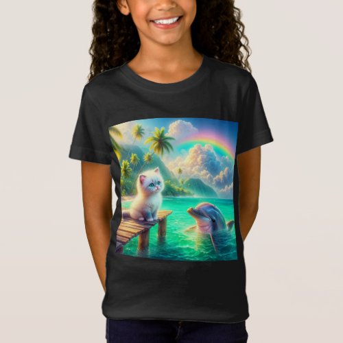 Kitten and Dolphin in a Tropical Fantasy T_Shirt