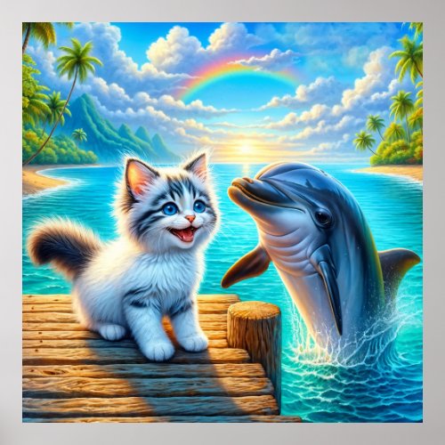 Kitten and Dolphin on a Tropical Island Poster