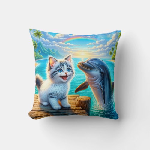 Kitten and Dolphin on a Tropical Island Throw Pillow