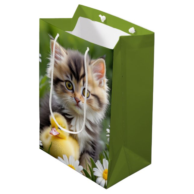 Kitten and Duckling In Daisies Medium Gift Bag (Front Angled)