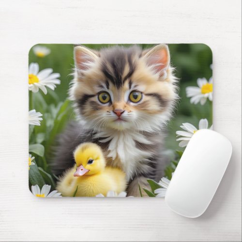 Kitten and Duckling In Daisies Mouse Pad