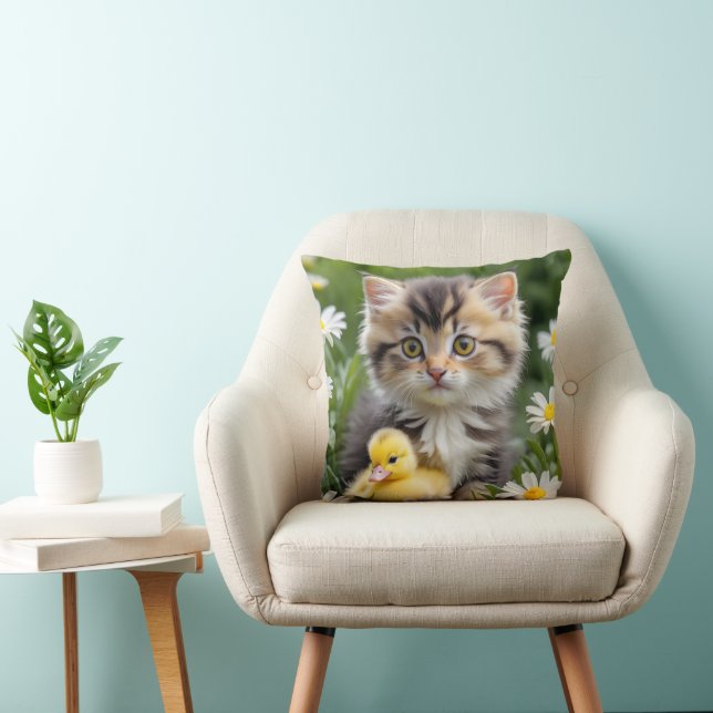 Kitten and Duckling In Daisies Throw Pillow (Chair)