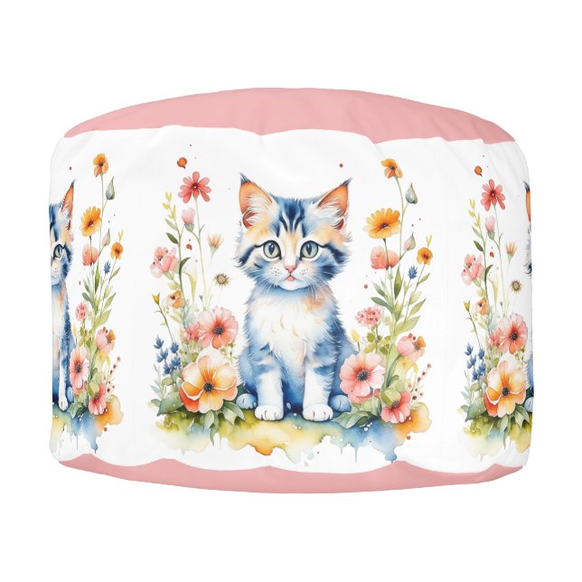 Kitten and Flowers Baby Name Pouf (Front)