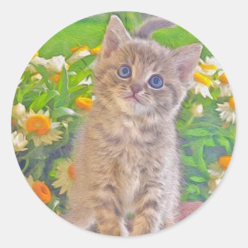 Kitten And Flowers Classic Round Sticker by CaptainScratch at Zazzle