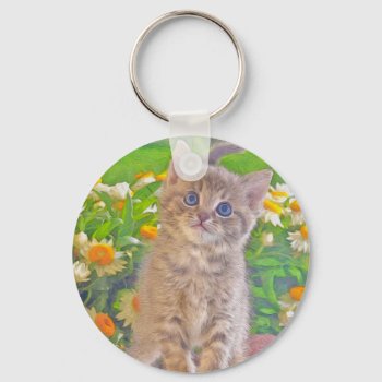 Kitten And Flowers Keychain by CaptainScratch at Zazzle