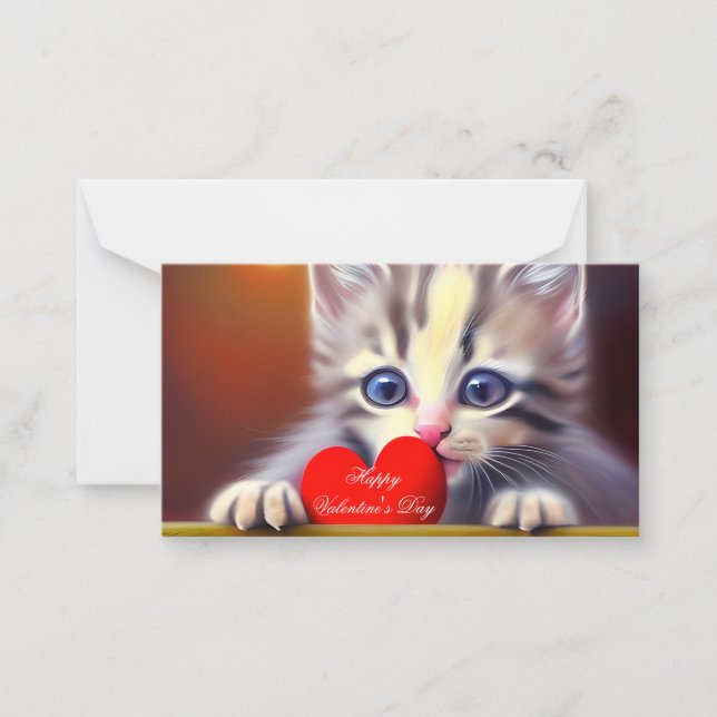 Kitten and heart kids valentine  note card (Front)