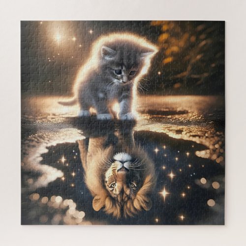 Kitten and Lion Puddle Reflection Jigsaw Puzzle