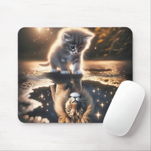 Kitten and Lion Puddle Reflection Mouse Pad