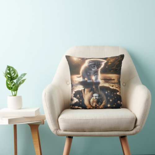 Kitten and Lion Puddle Reflection Throw Pillow