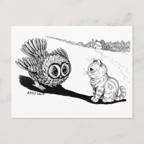 Kitten and Owl Louis Wain Postcard