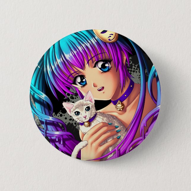 Kitten and Pigtail Manga Girl Button (Front)