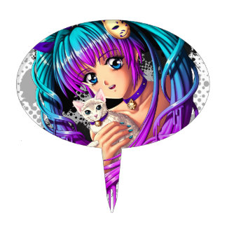 Kitten and Pigtail Manga Girl Cake Topper