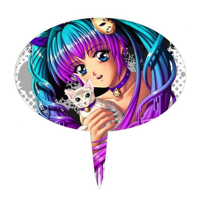 Kitten and Pigtail Manga Girl Cake Topper (Front)