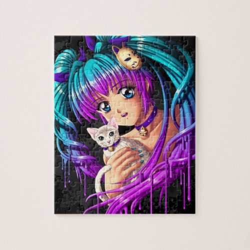 Kitten and Pigtail Manga Girl Jigsaw Puzzle