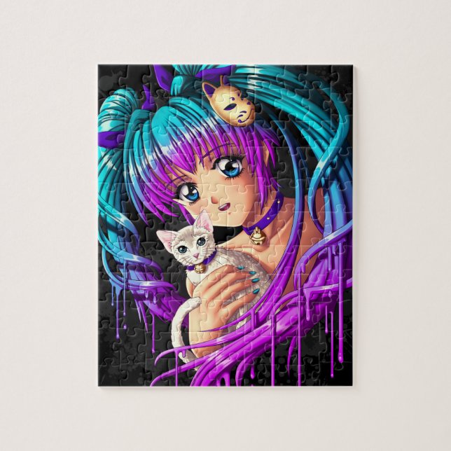 Kitten and Pigtail Manga Girl Jigsaw Puzzle (Vertical)