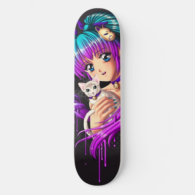 Kitten and Pigtail Manga Girl Skateboard Deck (Front)