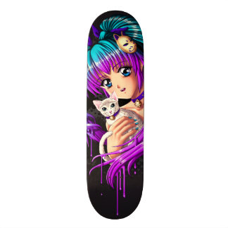 Kitten and Pigtail Manga Girl Skateboard Deck
