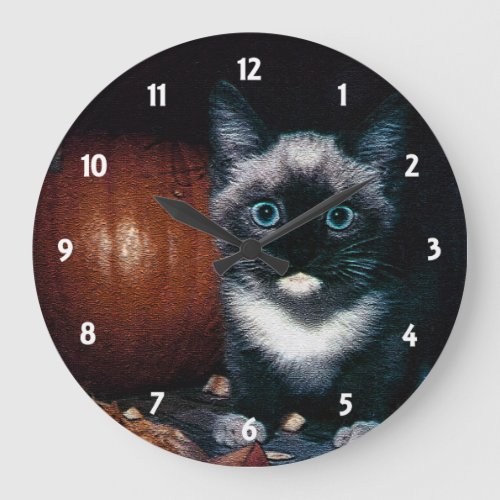 Kitten and Pumpkin for Halloween Large Clock