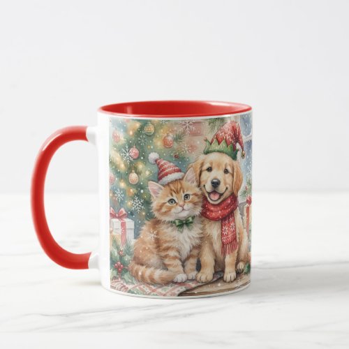 Kitten and puppy. Festive Christmas. Cute. Mug