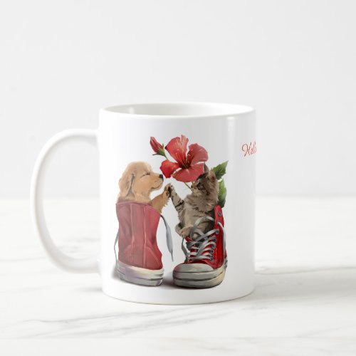 Kitten and puppy greet each other coffee mug